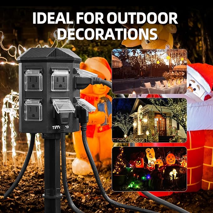 Outdoor Power Strip Weatherproof, 100 FT Extension Cord with Power Stake, 6 Grounded Outlets for Outdoor Lights, 15A/1875W, ETL Listed