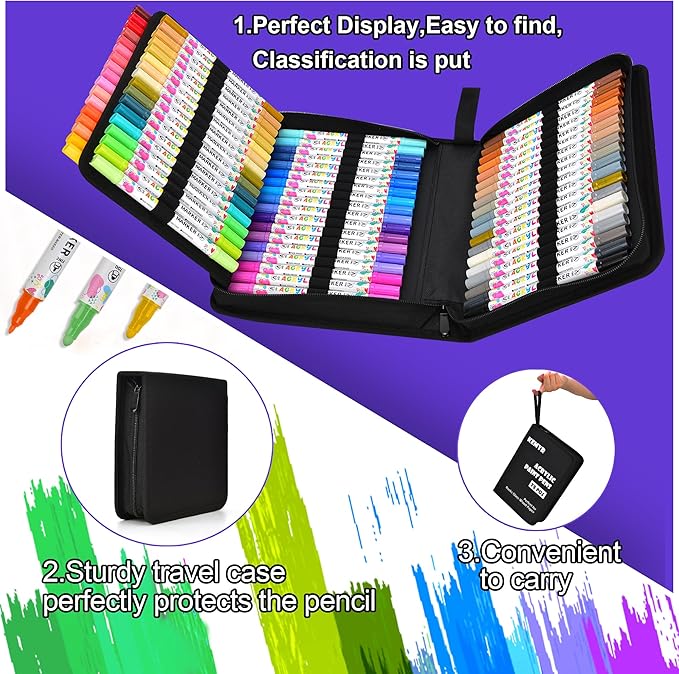 72 Colors Acrylic Paint Pens, Dual Tip Acrylic Paint Markers for Paper, Wood, Canvas, Stone, Rock Painting, Glass, Fabric, DIY, Ceramic, Art Supplies for Kids and Adults Drawing (Dot + Fine)