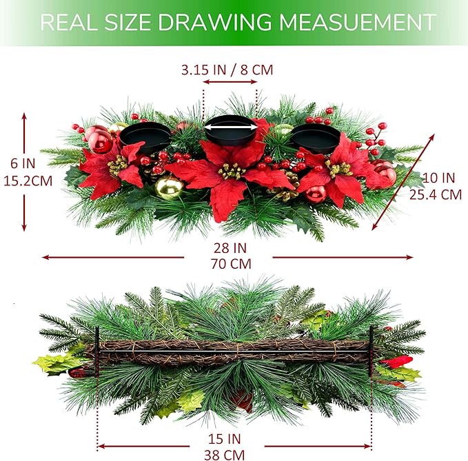 YULETIME 28" Christmas Triple Candelabrum, Holiday Candle Holder with Three Trays, Poinsettia, Red and Gold Baubles, Natural Pine Cones, Red Berries, Leaves Holly, Spruce Branches