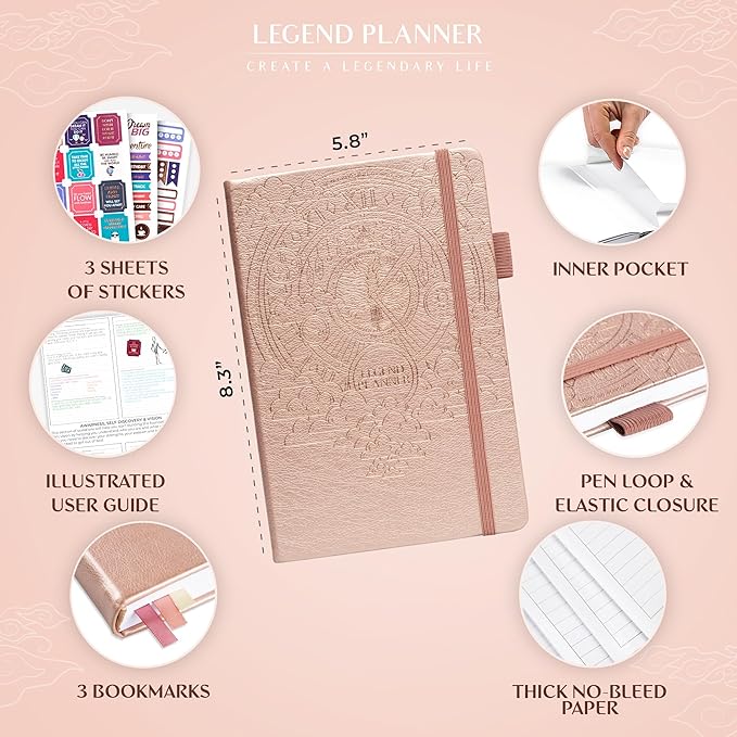 Legend Planner Hourly Schedule Edition – Deluxe Weekly & Daily Organizer with Time Slots. Time Management Appointment Book Journal for Work & Personal Life, Undated, A5 Hardcover – Rose Gold Gold