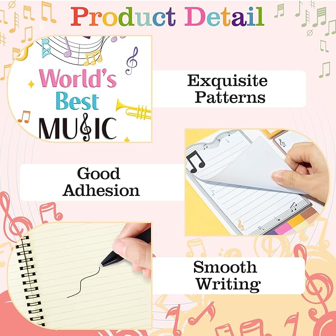 B1ykin Stationery Gift Set - 3Pcs Notebook Sticky Notes, A5 Spiral Notebooks & 550 Sheets Cute Sticky Notes with Pens Kit for Office School Teacher Thanksgiving Supplies (Music Teacher)
