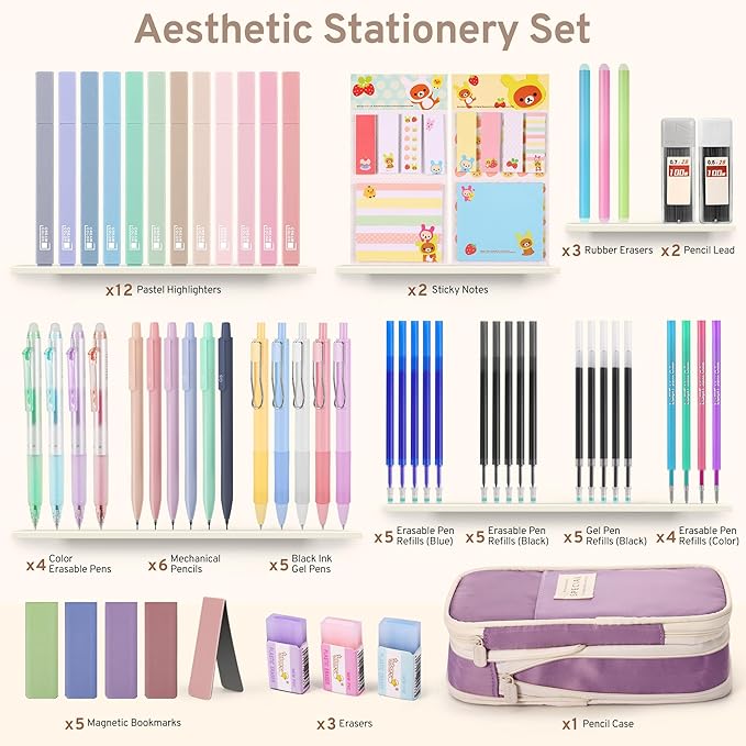 DazSirit 62 PCS Aesthetic School Supplies with Foldable Pencil Case, 12 Pastel Highlighters, 4 Erasable Pens, 5 Gel Pens, 6 Mechanical Pencils, Sticky Notes, Complete Stationery Kit, Purple