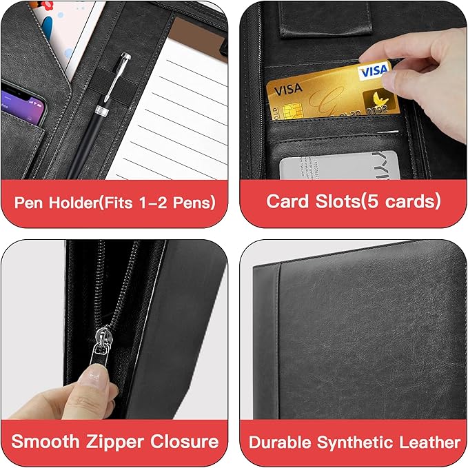 Zippered Padfolio Organizer, WRIYES Leather Planner Binder, 10.2 Inch Portfolio Folder for Documents, Letter Size Business Card Holder for Men&Women (Black)