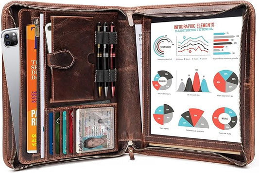 Leather Portfolio Binder, Professional Organizer Padfolio – Resume Folder, Business Card & Document Holder, Portfolios for Men & Women, Office & Business Supplies by Luxeoria | (Large - Brown)