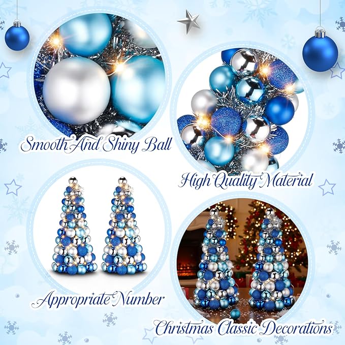 Meooeck 2 Pcs Christmas Ball Tree with Lights 16 Inch LED Fireplace Table Holiday Xmas Tree Decorations Tabletop Christmas Beach Decorations for Party (Blue,Silver)