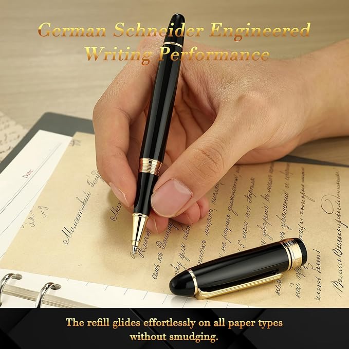 BEILUNER 319 Black Lacquer Rollerball - Stunning Luxury Pen with 24K Gold Finish, Heavy, Schneider Black Ink Refill, Best Gift Set for Men & Women, Professional, Executive Office, Nice Classic Pens