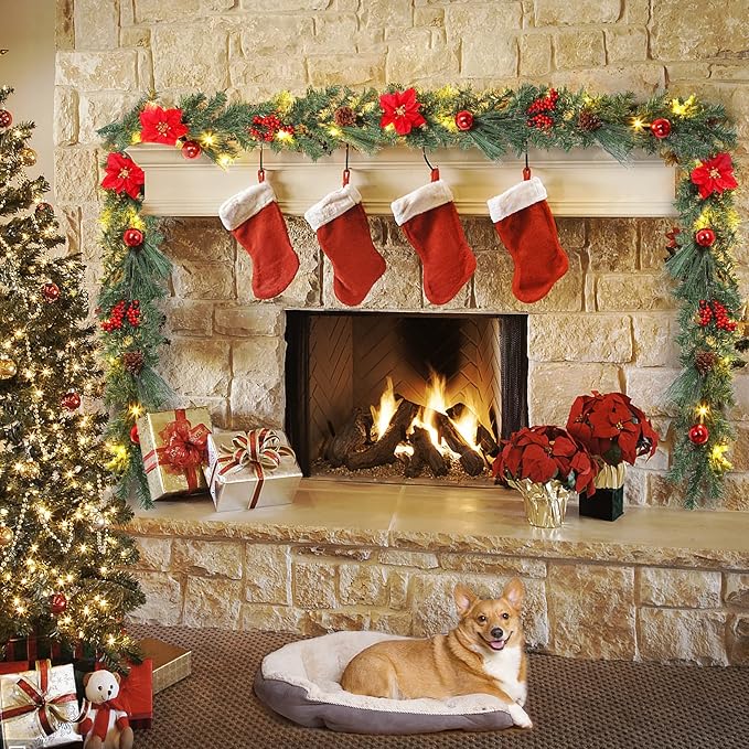 LinTimes 6ft Christmas Garland with Lights, Battery Operated Garland Christmas Decoration with Red Poinsettia Pinecones Ball Ornaments, Christmas Mantle Decorations Staircase Fireplace Decor