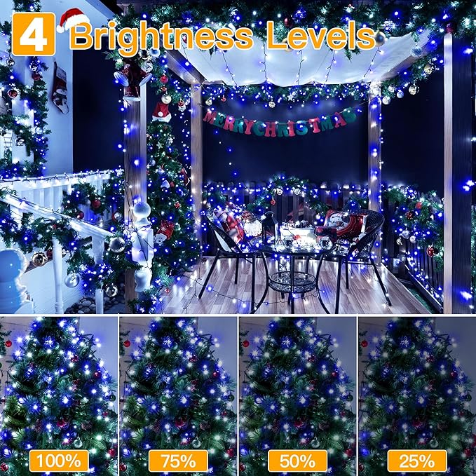Ollny Christmas Lights Outdoor Indoor Decor, 132FT 400LED Blue & White String Lights 8 Modes Plug in Waterproof, Xmas Fairy Lights with Remote for Tree House Holiday Yard Bedroom Home Party