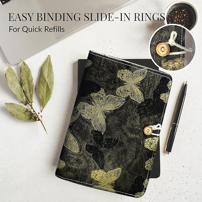 Luxury Refillable Notebook with Grid Pages, Loose Leaf Hardcover 6-Ring Planner, Shimmering Black & Gold Embroidered Butterfly Journal for Study, Work, or Gifts (A6)