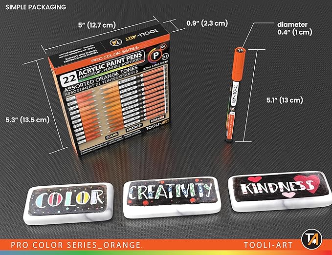 Acrylic Paint Pens 22 Orange Tones Assorted Pro Color Series Markers Set 0.7mm Extra Fine Tip for Rock Painting, Glass, Mugs, Wood, Metal, Canvas, Projects, Non Toxic, Waterbased, Quick Drying