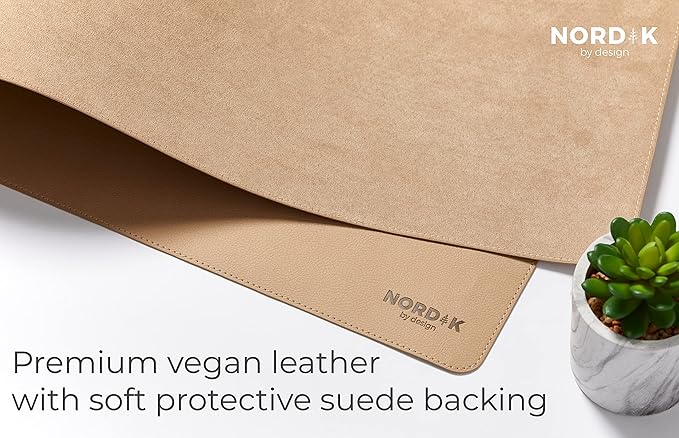 Nordik Leather Desk Mat Cable Organizer - Champagne Beige 35 X 17 inch - Premium Extended Mouse Mat for Home Office Accessories - Non-Slip Vegan Leather Desk Pad Protector & Desk Blotter Pad