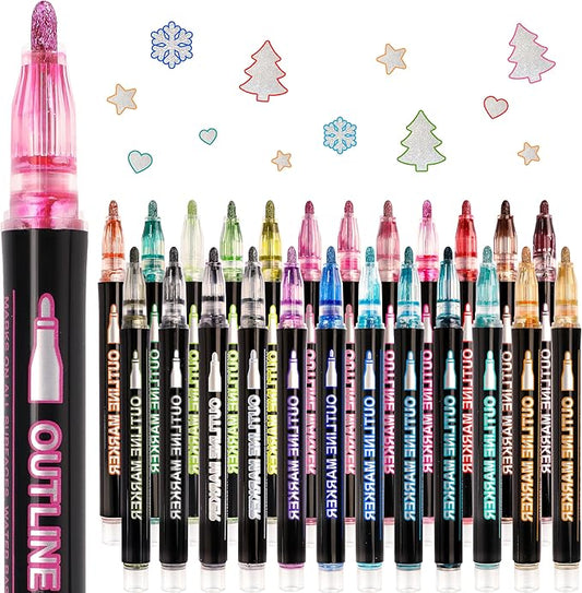 Outline Glitter Markers, 24 Colors Outline Shimmer Markers, Teen Girl Gifts Trendy Stuff, Glitter Pens Set, Art Crafts School Journaling Supplies for Kids Girls Ages 4-16 Year Old