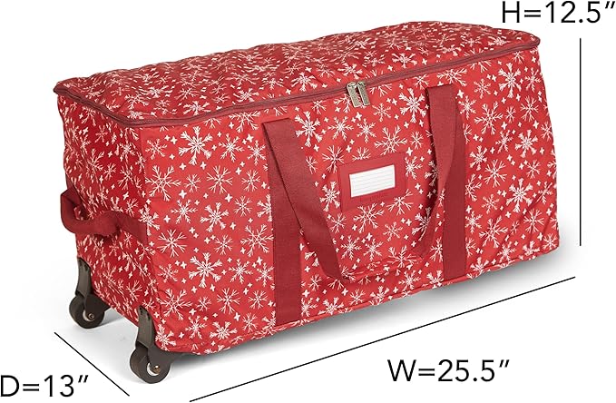 Covermates Keepsakes Rolling Christmas Light Storage Bag - Carrying Handles, ID Window, Dual Wheels - Holiday Storage, Red Snowflake