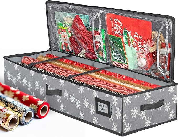 Wrapping Paper Storage Container – Fits up to 27 Rolls 1 3/8” Diam. - Underbed Gift Wrap Organizer Bags, Wrapping Paper Rolls, Ribbon, and Bows - Under Bed- Durable Material 600D - Up to 40" Rolls