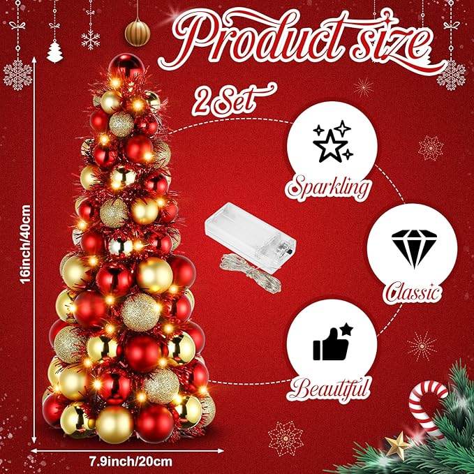 Meooeck 2 Pcs Christmas Ball Tree with Lights 16 Inch LED Fireplace Table Holiday Xmas Tree Decorations Tabletop Christmas Beach Decorations for Party(Red,Gold)