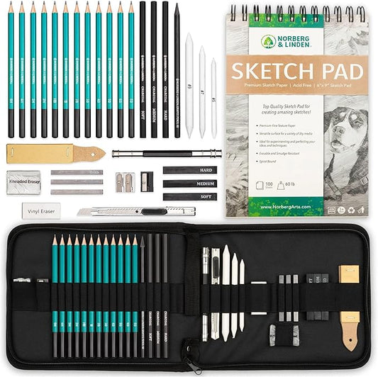 Norberg & Linden XL Drawing Set - Sketching, Graphite and Charcoal Pencils. Includes 100 Page Drawing Pad, Kneaded Eraser, Blending Stump. Art Kit and Supplies for Kids, Teens and Adults