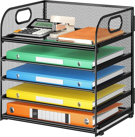 Lavatino 5 Tray Desk File Organizer, Black Mesh Paper Sorter Letter Tray Organizer with Handle, Desktop File Organizer and Storage for Letter/A4 Office File Folder