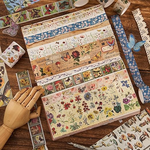 42 Rolls Vintage Washi Tape Set, Floral Letter Butterfly Mushroom Botanical Flower Writable Decorative Tapes for Scrapbooking , Junk Journal Supplies, Bullet Journaling 5-75mm Wide 9.84ft long/Roll