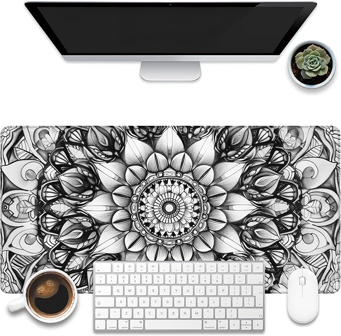 Large Gaming Mouse Pad for Desk, Black and White Mandala Desk Mat, Mandala Flower Desk Pad, 31.5"x15.7" Extended Big Computer Keyboard Mouse Pad with Non-Slip Base and Stitched Edge