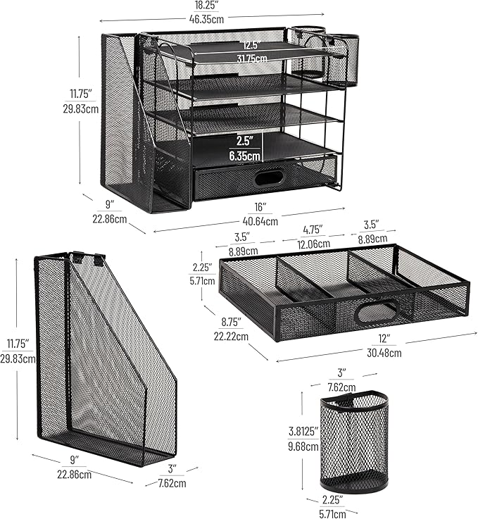 Mind Reader Mesh Desk Organizer, 4 Trays, 1 Drawer, File Holder, 2 Pen Cups, Office Desktop Organizer, Metal Mesh, Black