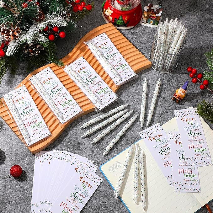 100 Sets Christmas Pens Bulk Christmas Employee Appreciation Gifts Bulk String Lights 0.7 mm Mechanical Pencils with Bookmarks Coworkers Xmas Gifts for Staff Teacher Office Team