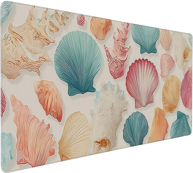 Ocean Themed Mouse Pad, XXL Seashell Desk Mat, Summer Beach Design, 35.4 x 15.8 inches,Girly Summer Coastal Gaming Pads,Girly Laptop Desk Mat
