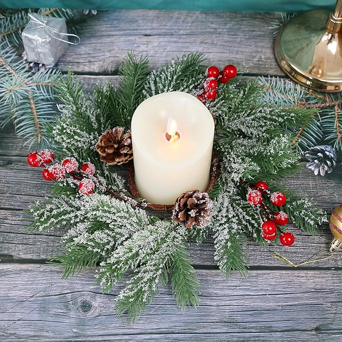 Christmas Candle Rings - Set of 4 Artificial Red Berries and Pinecones Candle Rings 10 Inch Xmas Candle Wreaths for Christmas Thanksgiving Kitchen Window Table Centerpieces