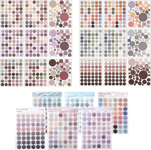 Lovely Face Circle Stickers -6 Pack (18 Sheet) Colorful Circles Stickers Pack - Translucent Color Coding Dots Labels - Assorted Color Code Sticker, for Customizing Planners to Do List Calendar