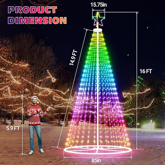 Led Outdoor Christmas Tree, 16 FT Prelit Smart Outside Christmas Tree Light Show, App Control with 660 LED Lights Color Changing, Music Sync, Cone Tall Star Topped Christmas Tree for Yard & Garden