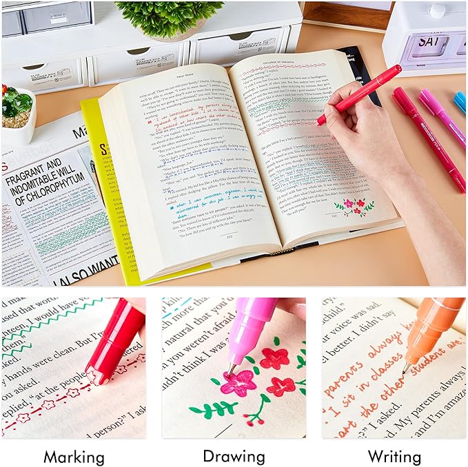 12 Colored Curve Highlighter Pen Set, 10 Different Shapes Dual Tip Markers Cool Pens for Journal Planner Scrapbook Art Office School Supplies for Kids Adults Journaling Drawing Note Taking