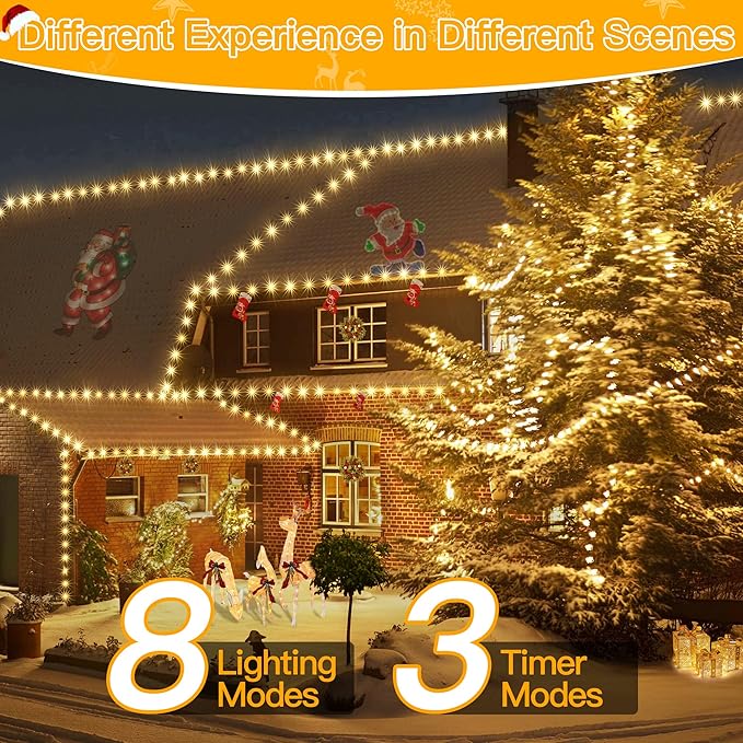 Ollny Christmas Lights 800 LED 262 FT Plug in, IP67 Waterproof Green Wire Outdoor Christmas Lights with Remote, 8 Modes and Timer Outdoor String Light for House Indoor Xmas Decorations (Warm White)