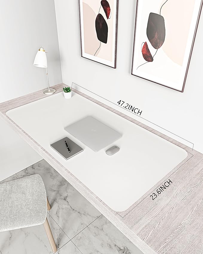 YSAGi Non-Slip Leather Desk Pad XL Size, Waterproof Laptop Computer Desk Keyboard Mat, Table Protector Blotter Mat, Large Mouse Pad for Office/Work/Home/Decor(White, 47.2" x 23.6")-No Band