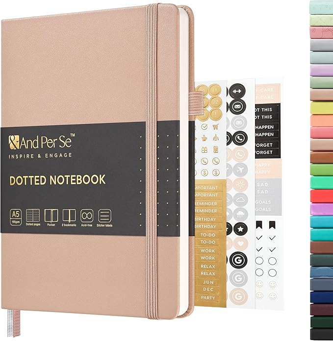 &And Per Se Dotted Journal Notebook, A5 Hardcover Leather Bullet Dotted Journal, 160 Pages 100 gsm Thick Paper，3 Sheets of Stickers Included - 5.7'' x 8''（Apricot）