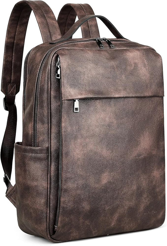 MASINTOR 15.6 inch PU Leather Laptop Backpack Purse for Women, Large College Casual Backpack Travel Bag Retro Coffee