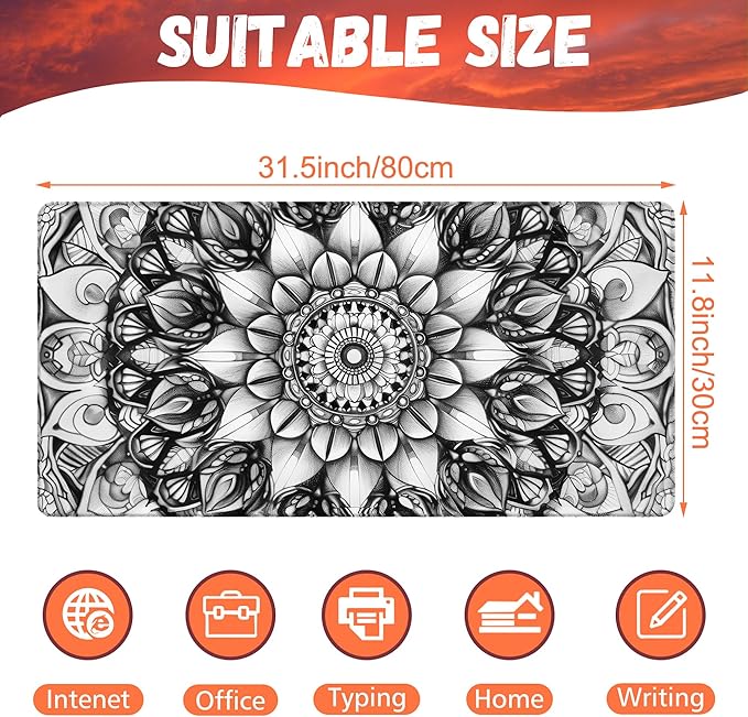 Large Gaming Mouse Pad for Desk, Black and White Mandala Desk Mat, Mandala Flower Desk Pad, 31.5"x15.7" Extended Big Computer Keyboard Mouse Pad with Non-Slip Base and Stitched Edge
