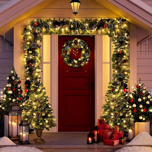 Merax Prelit Christmas Tree Set of 4pc, Set of 2 Artificial Potted Christmas Entrance Trees with Lights, Christmas Wreath, and 9FT Garland for Fireplace Front Porch Seasonal Holiday Decoration