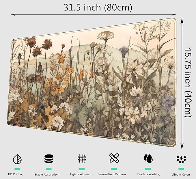 Pastel Wildflower Botanical Floral Desk Mat XXL Large Gaming Mouse Pad, Cute Nature Plant Flower Desk Pad Computer Mat 31.5x15.75 in, Laptop Keyboard and Mouse Mat Desktop Decor for Women