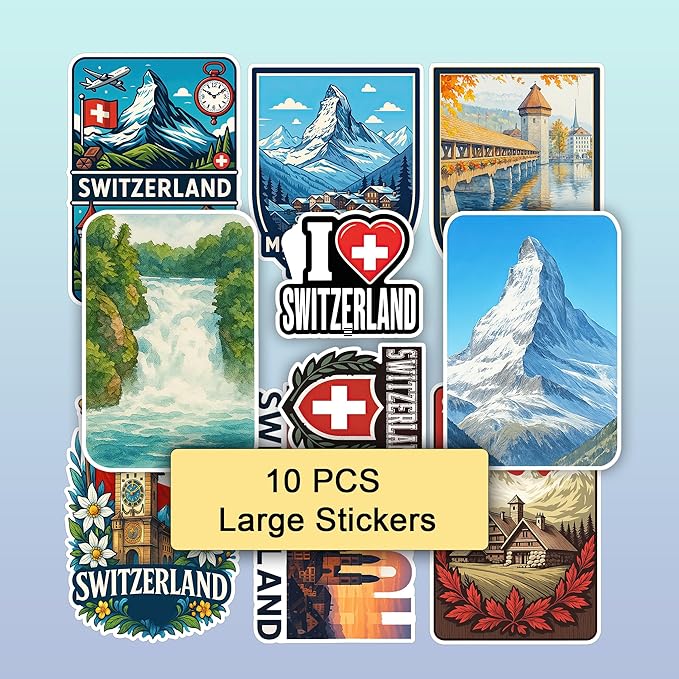 100 PCS Switzerland Stickers Pack, Vinyl Waterproof Decals of Zurich Alps Matterhorn Swiss Flag Cheese Chocolate Travel Souvenirs, Gift for Kids Teens Adults Scrapbook Laptop Water Bottle Car