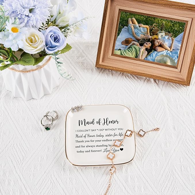 Maid of Honor Gifts Ring Jewelry Dish - Maid of Honor Today, Sister for Life, Bridesmaid Proposal Gifts for Wedding Day Matron of Honor Gifts from Bride