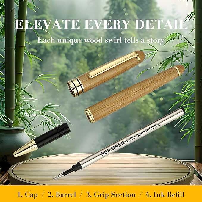 BEILUNER Luxury Wood Ballpoint Pen Writing Set,Bamboo-Elegant Nature Nice Gift Pen Set for Signature Executive Business Office Fancy Writing Supplies - Christmas Gift Boxed with Spare Refills (Black)