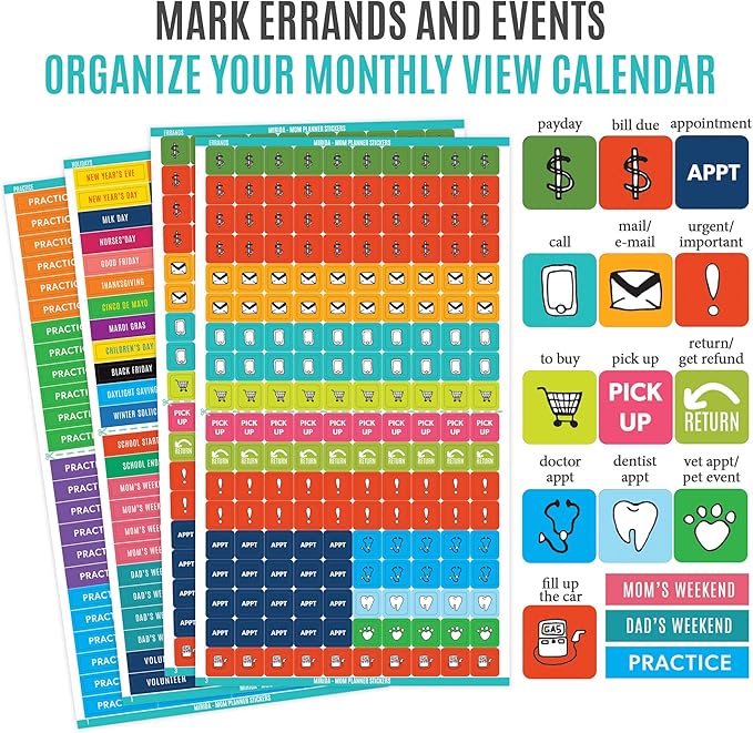 Mirida Planner Stickers - 1900+ Mom Calendar Icons, Variety Pack - Household Chores, Budget, Kids’ School Events, Daily Errands for Adults Organizer