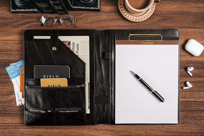 Leather Portfolio for Men, Leather Clipboard Engraved Padfolio, Personalized Leather Binder Leather Legal Pad Portfolio Christmas Gift for His/Her (Clipboard, Shiny Black-Standard)