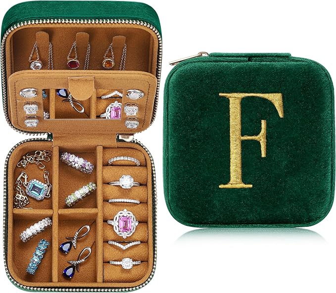 Parima Boss Gifts for Women - Boss Day & Birthday Gifts, Personalized Velvet Emerald-Green Jewelry Box - Travel Case - Letter F, Green