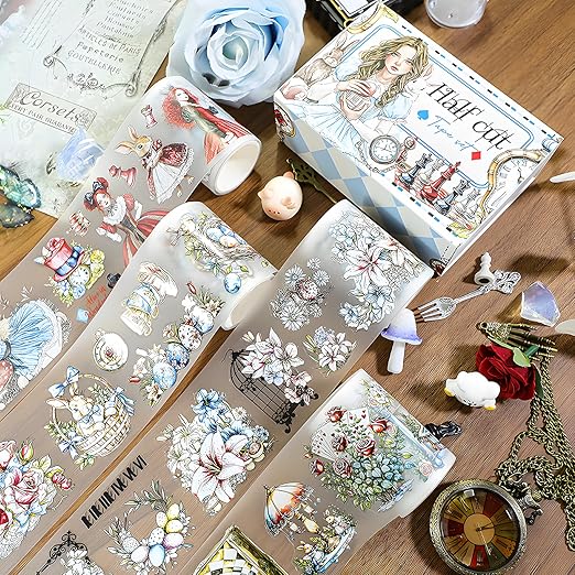 Snycler Pre-Cut Fairy Tale Themed PET Washi Tapes - Vintage Aesthetic Tape Stickers for Journaling, Scrapbooking, Junk Journals, Crafts, Planners - 4 Rolls