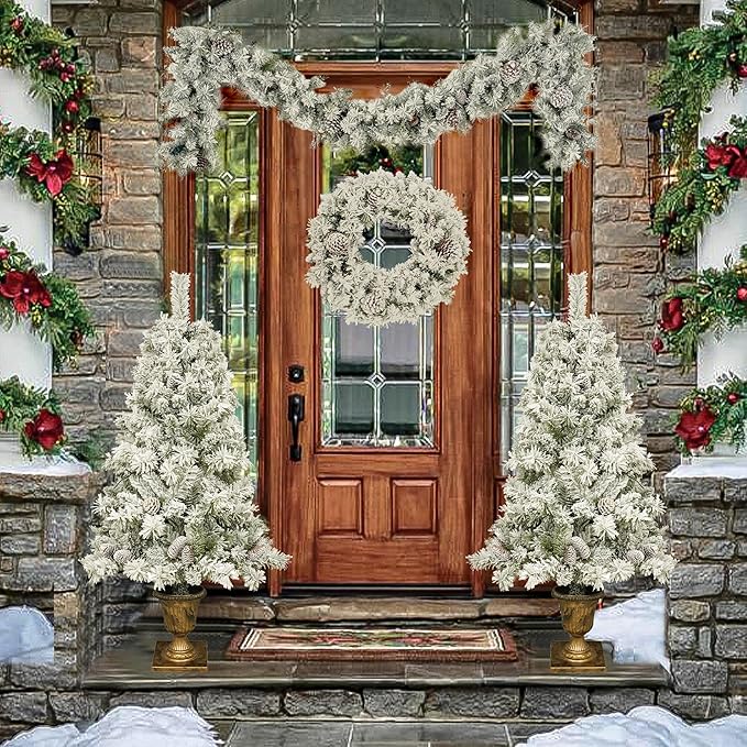 Merax Prelit Christmas Tree Set of 4pc, Set of 2 Artificial Potted Christmas Entrance Trees with Lights, Christmas Wreath, and 9FT Garland for Fireplace Front Porch Seasonal Holiday Decoration