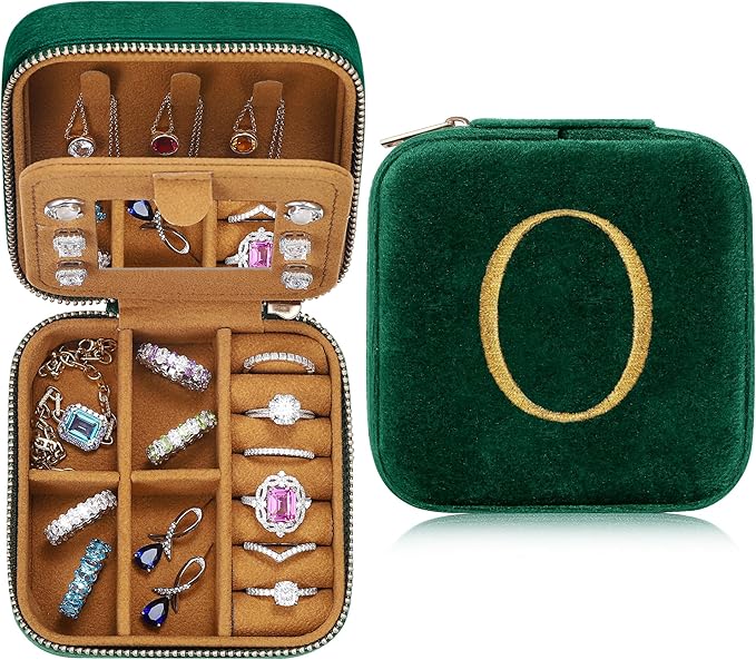 Parima Plush Velvet Jewelry Travel Organizer for Women Girl - Small Travel Jewelry Box Personalized Jewelry Case Travel Essentials for Women Birthday Mom Friends Teenage Gift Idea - Letter O, Green