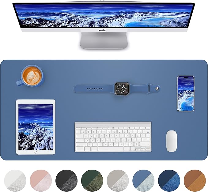 Leather Desk Pad Blotter,Mouse Pad,Office Desk Mat, Non-Slip PU Leather Desk mat,Large Desk mat,Waterproof Keyboard mat for Office/Home/Decor (Grey Blue,35" x 17")