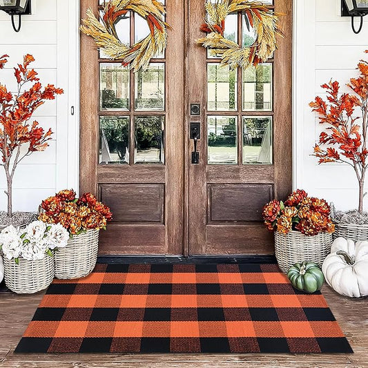 Orange and Black Plaid Rug, 28'' x 43'' Fall Outdoor Front Door Decor Mat, Cotton Washable Hand-Woven Rug for Layered Doormat, Autumn Halloween Thanksgiving Carpet for Porch, Entryway