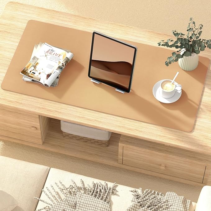 Mouse Pad Desk Protector Mat, Large PU Leather Office Desk Mat, Non-Slip Desk Pad for Keyboard and Mouse, Waterproof Desk Blotter Pad for Writing, Wide & Smooth Laptop Desk Pads, Khaki (17’’X36’’)