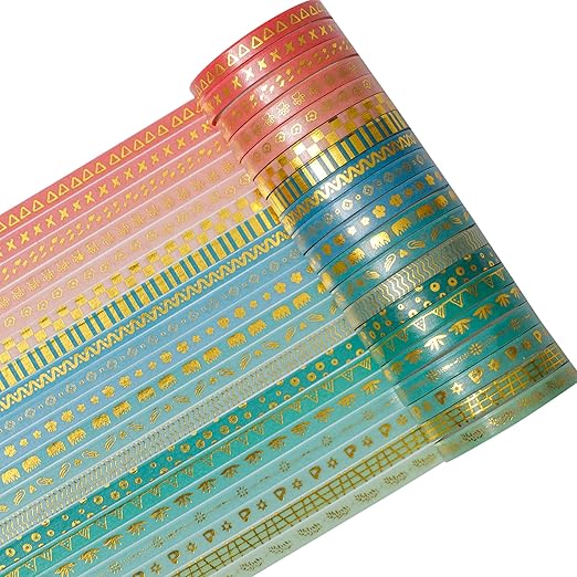 YUBX Skinny Gold Washi Tape Set Basic Foil Print Decorative Masking Tapes for Arts, DIY Crafts, Journals, Planners, Scrapbook, Wrapping (Peacock Tail)